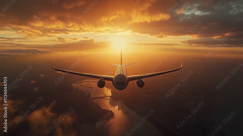 Sunset Flight: Airplane Soaring Above Cityscape Sunset Flight: Airplane Soaring Above Cityscape