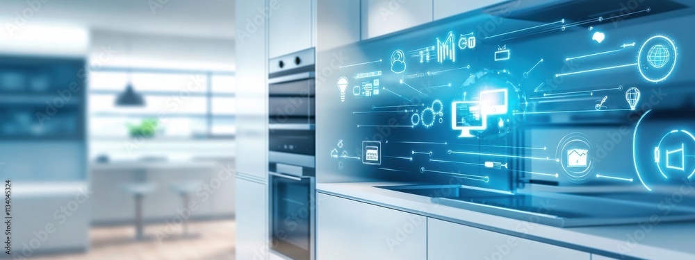 Modern Kitchen with Digital Interface Displaying Smart Home Technology Features and Connectivity for Enhanced Cooking and Home Automation Experience Modern Kitchen with Digital Interface Displaying Smart Home Technology Features and Connectivity for Enhanced Cooking and Home Automation Experience