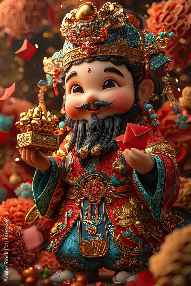 Adorable Chinese God of Wealth Figurine 3D Render Lunar New Year Prosperity Fortune Gold Red