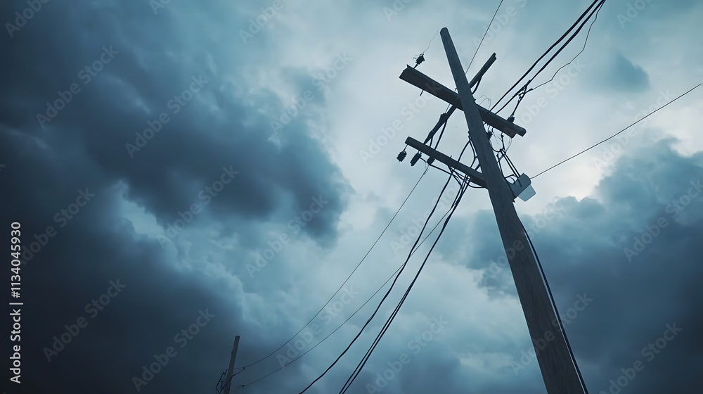 Fototapeta premium Storm damage to power lines disrupts electricity supply, highlighting the vulnerability of infrastructure during extreme weather conditions and the importance of resilience in modern society.