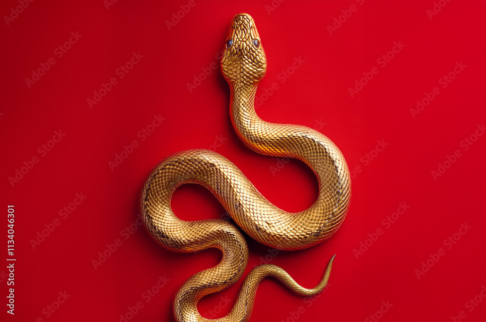 Obraz premium Golden snake on red background, Chinese New Year, year of the snake
