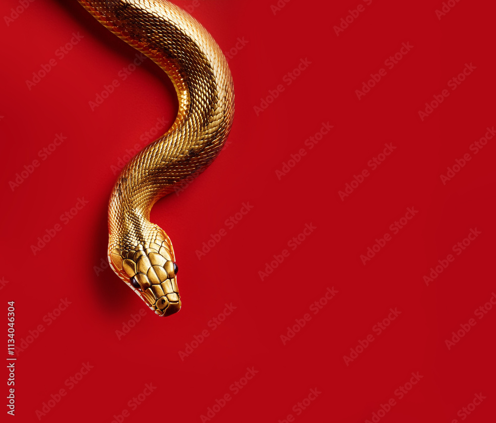 Fototapeta premium Golden snake on red background, Chinese New Year, year of the snake
