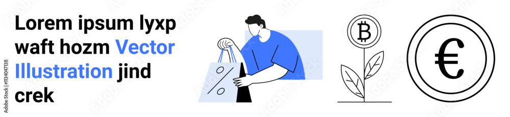 Man handling a glass panel, Bitcoin plant, Euro coin, and placeholder text. Ideal for fintech, investments, cryptocurrency, financial growth, digital economy business strategies and economic Man handling a glass panel, Bitcoin plant, Euro coin, and placeholder text. Ideal for fintech, investments, cryptocurrency, financial growth, digital economy business strategies and economic