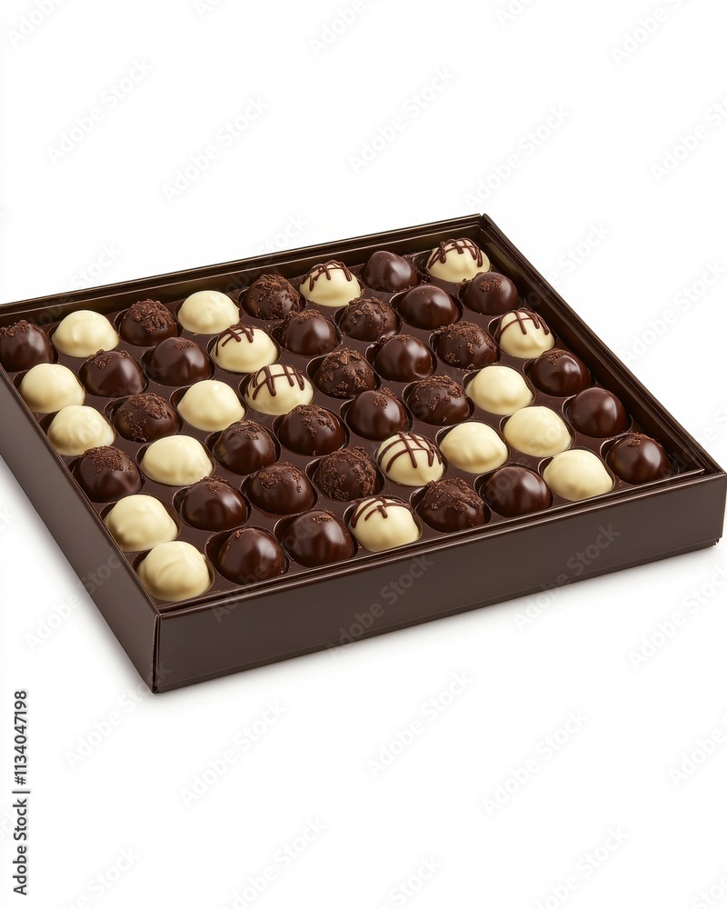 A box filled with assorted chocolate truffles in various flavors. A box filled with assorted chocolate truffles in various flavors.