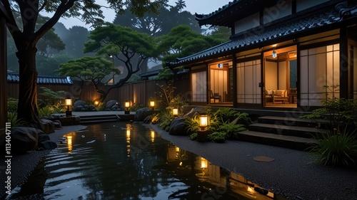 Serene Japanese garden at dusk, reflecting lights in a pond.