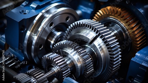 High definition photograph showcasing the intricate steel gears and complex machinery found within an industrial production facility