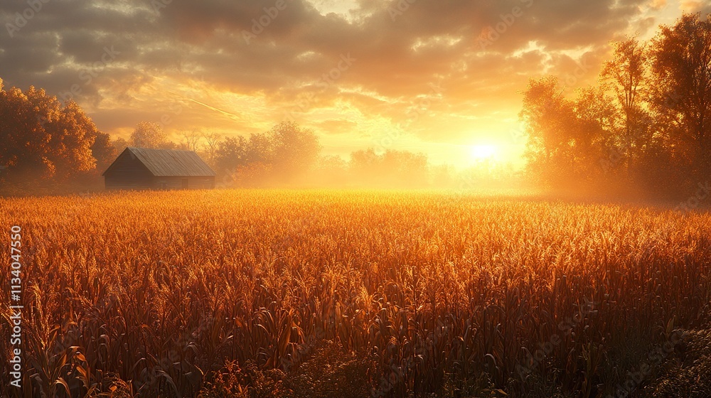 Fototapeta premium Golden Sunrise over Wheat Field and Rustic Barn