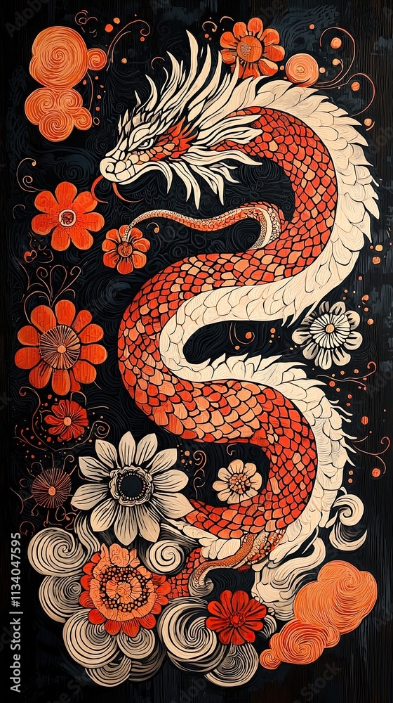 Dragon Art Print Orange White Dragon Floral Design Asian Mythology Tattoo Style Dragon Art Print Orange White Dragon Floral Design Asian Mythology Tattoo Style