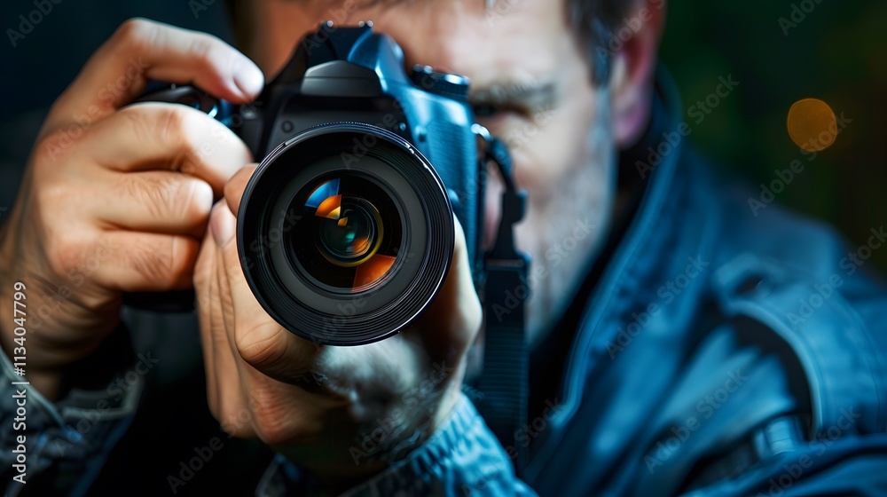 Photographer Holding Camera with Focused Expression at Night Photographer Holding Camera with Focused Expression at Night