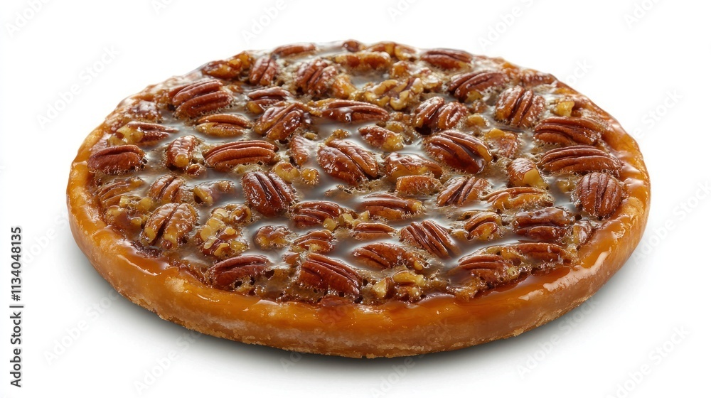 A round pecan pie topped with caramel and whole pecans, showcasing a delicious dessert.