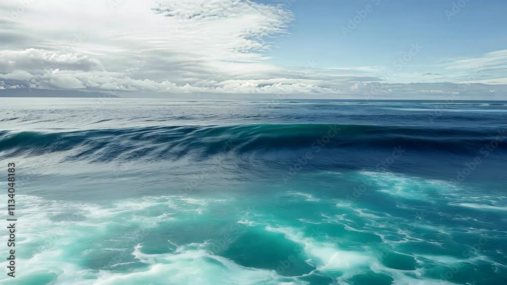 This video captures a large body of water with a prominent wave forming in the center, A panoramic view of a peaceful ocean with rolling waves This video captures a large body of water with a prominent wave forming in the center, A panoramic view of a peaceful ocean with rolling waves