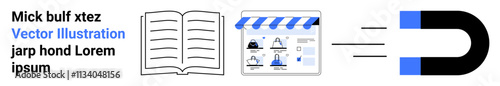 Open book, website analytics screen with graph and user icons, and a magnet symbolizing audience attraction. Ideal for content marketing, analytics, customer engagement, data analysis, learning