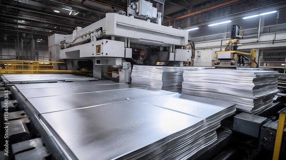 Naklejka premium Heavy industrial machinery pressing and shaping aluminum metal sheets into component parts for automotive manufacturing and assembly