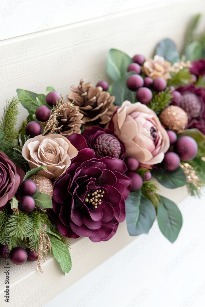 Beautiful floral arrangement featuring muted purple flowers, pinecones, and decorative ornaments, perfect for seasonal décor, crafting, or enhancing home aesthetics, Ideal for holiday themes, Beautiful floral arrangement featuring muted purple flowers, pinecones, and decorative ornaments, perfect for seasonal décor, crafting, or enhancing home aesthetics, Ideal for holiday themes,