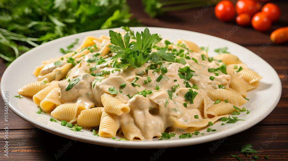 Delicious Plate of Pasta with Creamy Sauce and Parsley