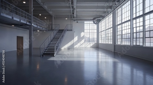 Empty industrial space with large windows, metal stairs, and mezzanine level.
