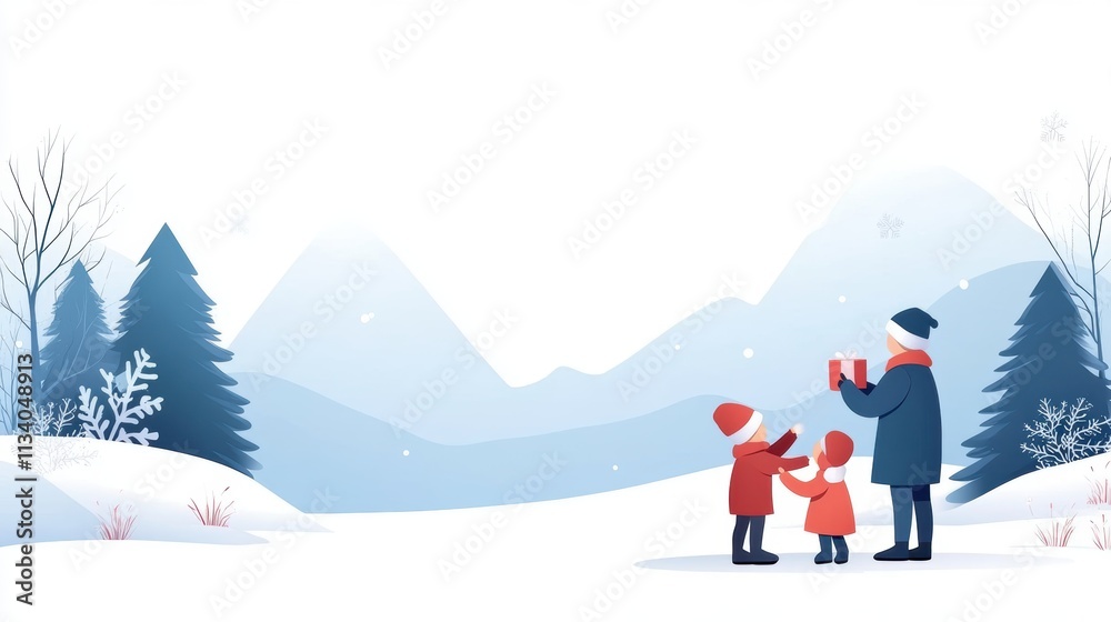 A joyful winter scene depicts a parent presenting a gift to two children in a snowy landscape, surrounded by evergreen trees and mountains, ideal for holiday and family-themed projects, A joyful winter scene depicts a parent presenting a gift to two children in a snowy landscape, surrounded by evergreen trees and mountains, ideal for holiday and family-themed projects,