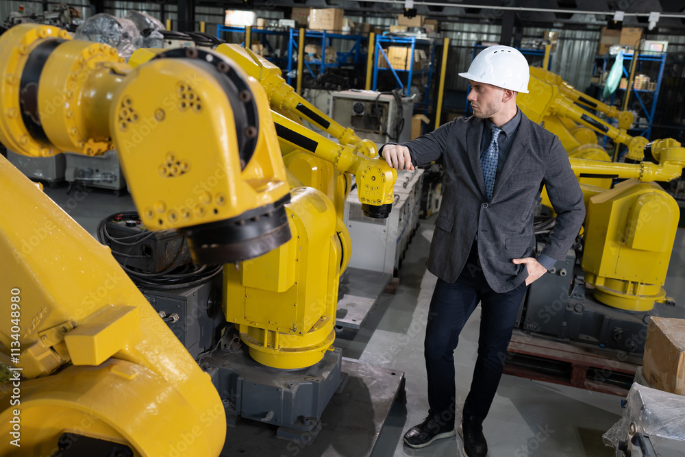 Portrait Business or engineer Caucasian male checking a robot arm Portrait Business or engineer Caucasian male checking a robot arm
