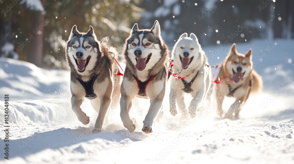 A team of four dogs running energetically through snowy terrain. A team of four dogs running energetically through snowy terrain.