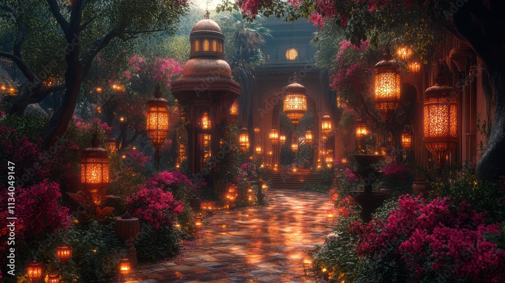 Obraz premium Enchanted Garden Pathway: A Night of Arabian Nights