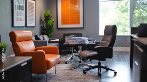 modern office workspace with comfortable leather chairs and stac