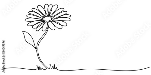 One continuous line drawing. Printable decorative poster common daisy flower concept chamomile, Daisy flower in continuous line art drawing style. Chamomile One line drawing art. Minimalist black line