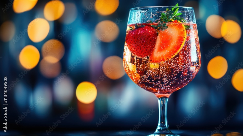 A refreshing beverage in a glass garnished with strawberries, set against a bokeh background. A refreshing beverage in a glass garnished with strawberries, set against a bokeh background.