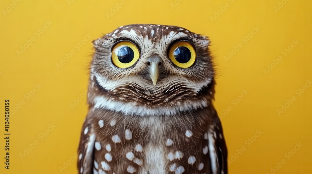 Fototapeta premium Close-up of a speckled owl with bright yellow eyes against a yellow background. Perfect for education, wisdom, or nature themes.