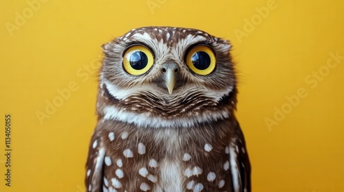 Close-up of a speckled owl with bright yellow eyes against a yellow background. Perfect for education, wisdom, or nature themes. photo