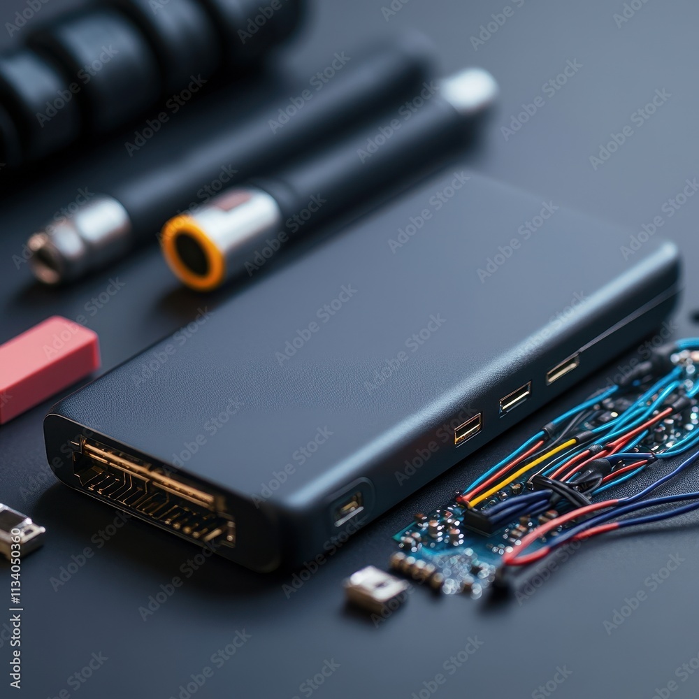 A sleek black power bank surrounded by electronic components, wires, and tools, showcasing a tech-savvy environment. A sleek black power bank surrounded by electronic components, wires, and tools, showcasing a tech-savvy environment.