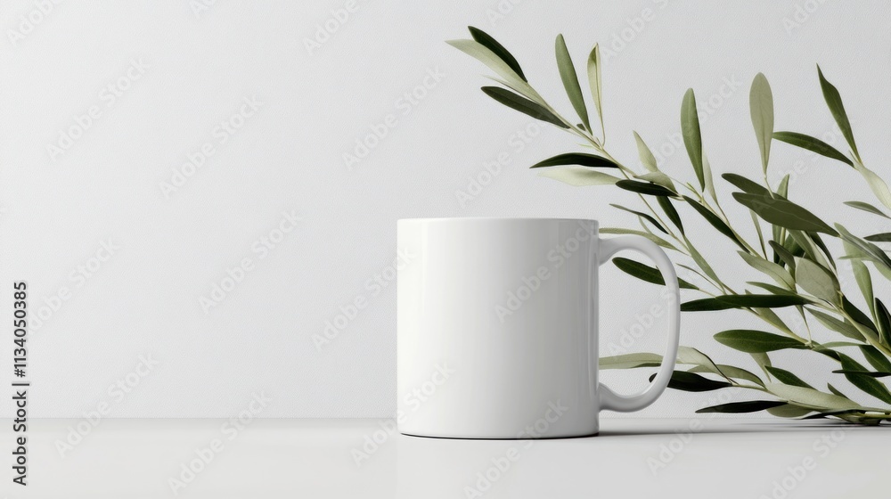 White Mug with Olive Branch on White Background White Mug with Olive Branch on White Background