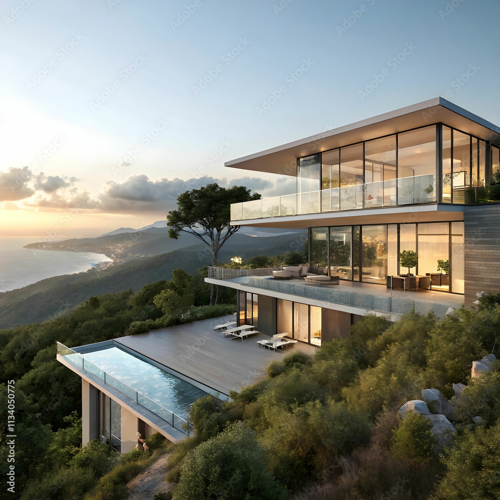 Fototapeta premium A modern luxury hillside house featuring innovative design.