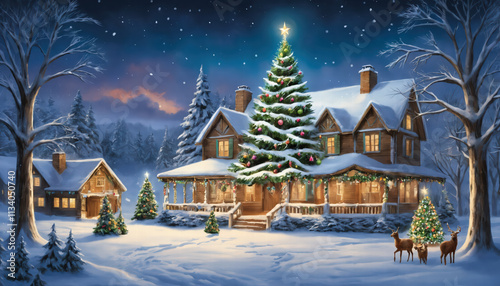 Christmas background with a decorated house, gifts, Christmas tree and string lights. New year and xmas ideas.