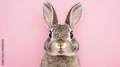 Adorable bunny rabbit close-up, pink background. Perfect for Easter, pet, or spring themes; evokes cuteness and joy.