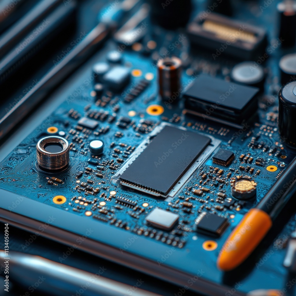 A close-up of a blue circuit board featuring various electronic components and connections, showcasing the intricate design of technology. A close-up of a blue circuit board featuring various electronic components and connections, showcasing the intricate design of technology.