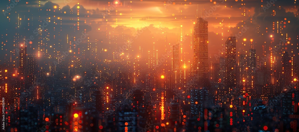 Fototapeta premium Cityscape at Dusk with Glowing Lights