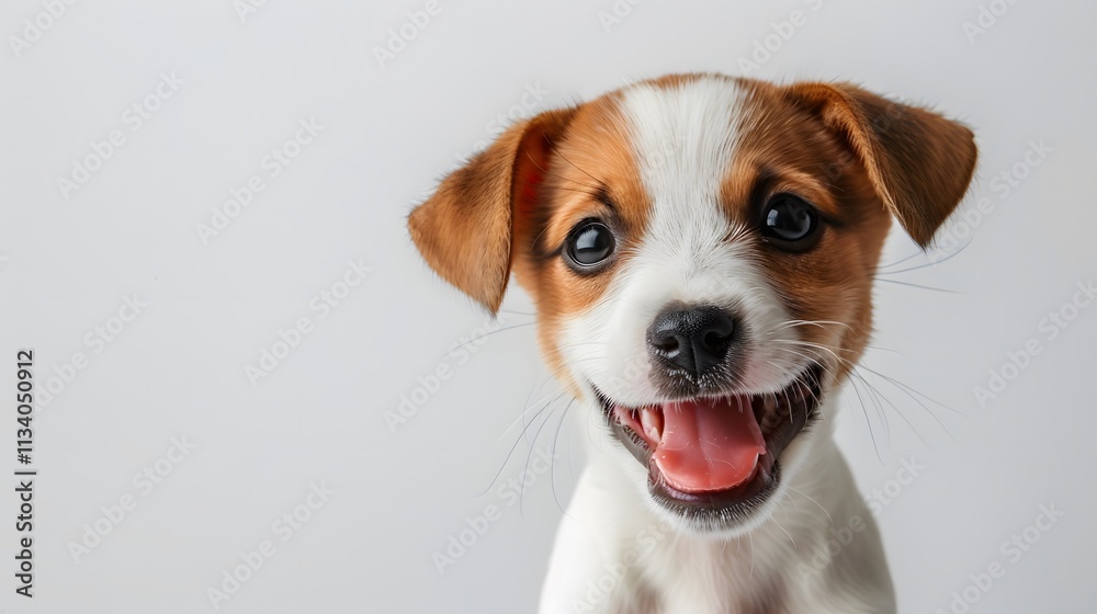 Happy Playful Puppy with Brown and White Fur on Light Background Happy Playful Puppy with Brown and White Fur on Light Background