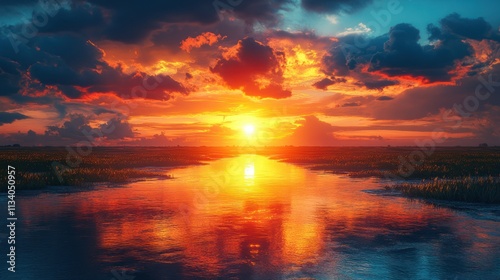 Fiery Sunset Over a Calm River