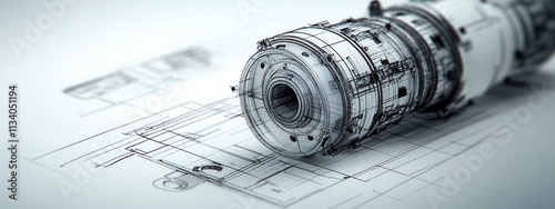 Engineering design process of a turbojet engine workshop technical illustration industrial setting close-up view innovation concept