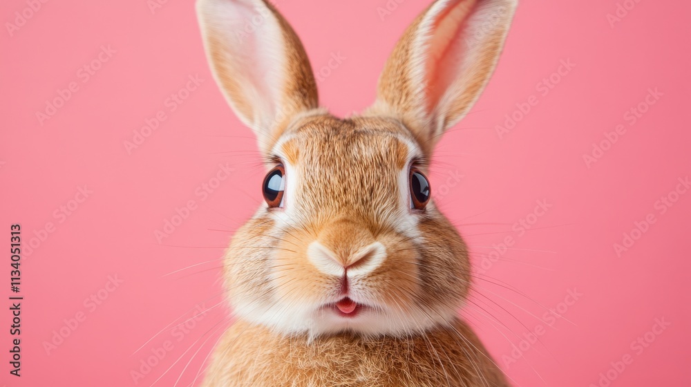 Fototapeta premium Adorable brown bunny close-up, pink background. Perfect for Easter, pet, or spring themes; evokes cuteness and joy.