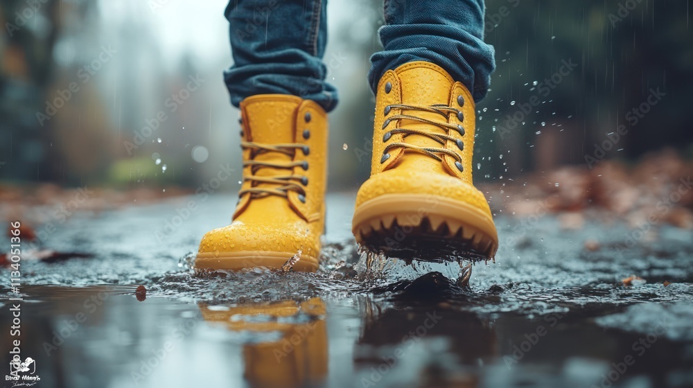 Rainy Day Adventures: Yellow Boots Splashing in Puddle Rainy Day Adventures: Yellow Boots Splashing in Puddle