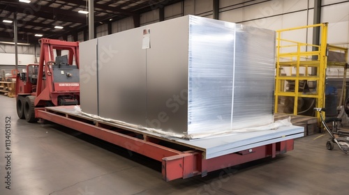 Aluminum sheets being moved by a forklift inside a large industrial storage warehouse facility  The sheets are part of the company s manufacturing and logistics photo