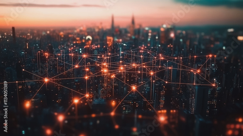 Smart digital Innovation city with connection network reciprocity over the cityscape. of future smart wireless digital city and social media networking systems that connects people with in city