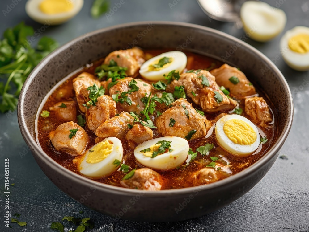Bowl of Stew with Hard Boiled Eggs and Parsley Bowl of Stew with Hard Boiled Eggs and Parsley