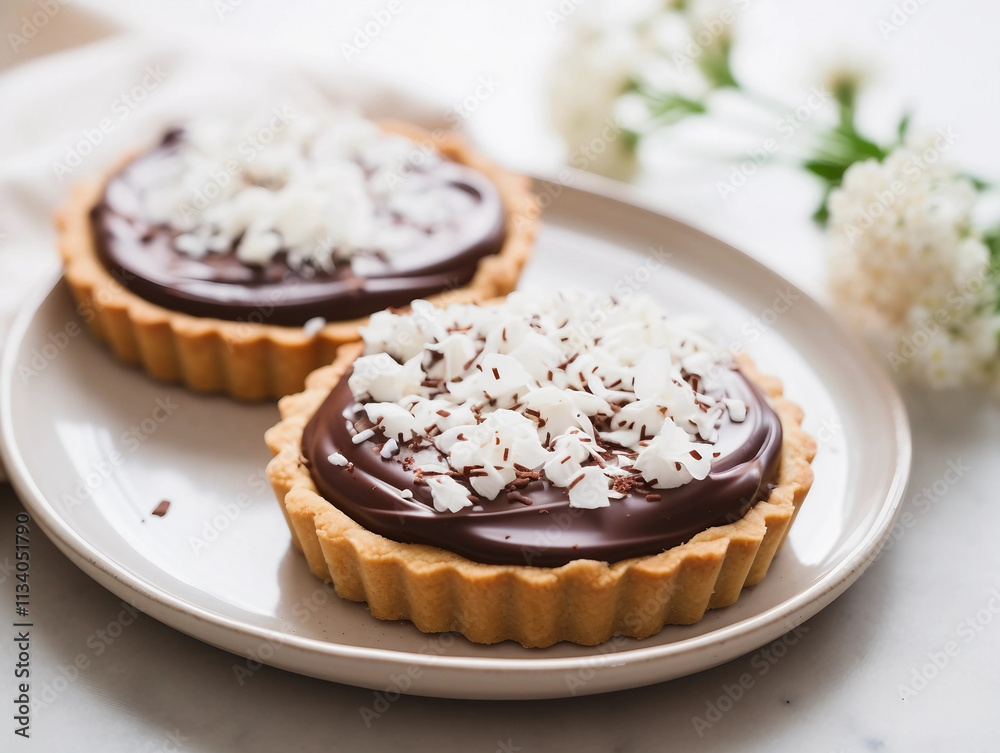 Delicious chocolate-frosted tarts on white plates Delicious chocolate-frosted tarts on white plates