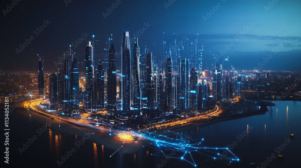 Fototapeta premium Smart digital Innovation city with connection network reciprocity over the cityscape. of future smart wireless digital city and social media networking systems that connects people with in city