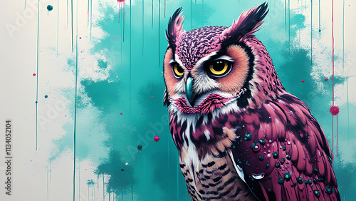 An owl captured in Drip Paint Dynamics with paint streaks and splatters adding movement Use vibrant teal and magenta to enhance the raw and spontaneous feel of street artistry photo