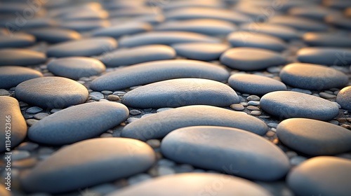 Close-up of smooth, gray stones forming a textured pathway at sunset. photo