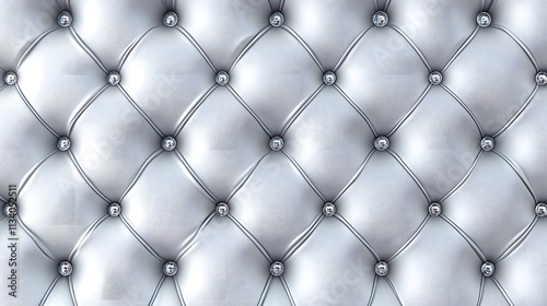 Close-up of silver tufted upholstery with diamond pattern and metallic buttons.