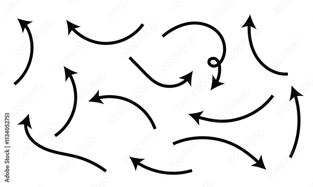 Set of Black hand drawn arrow element vector. Collection of doodle arrows, lines, symbol, pointing mark, shapes on white background. Simple icon illustration for education, decoration, map. Set of Black hand drawn arrow element vector. Collection of doodle arrows, lines, symbol, pointing mark, shapes on white background. Simple icon illustration for education, decoration, map.
